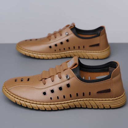 Hollow casual leather shoes men's summernew arrival breathable mesh hole shoes one-leg flat shoes men's cross-border wholesale