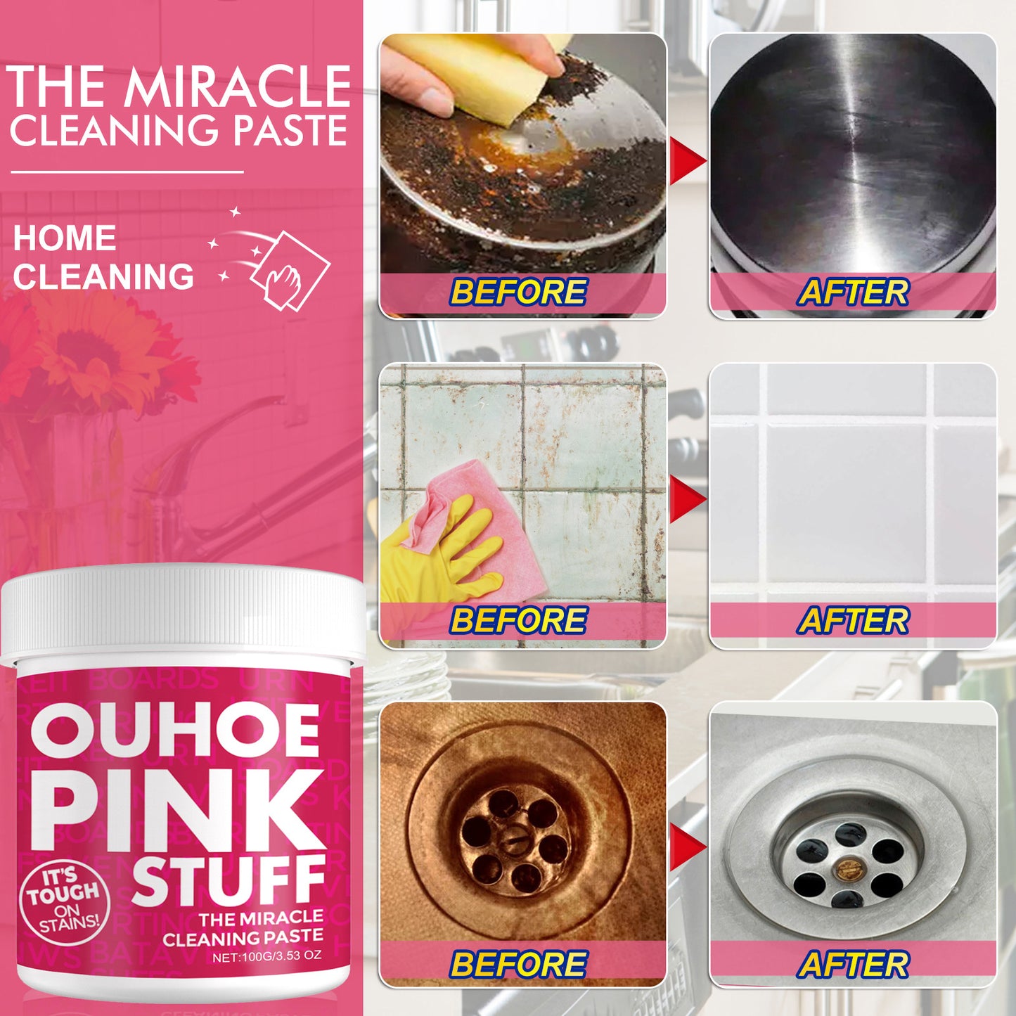 OUHOE Home Gentle Multifunctional Cleaning Cream Remove Heavy Oil Stains in the Kitchen Universal Pink Barrel Cleaning Powder