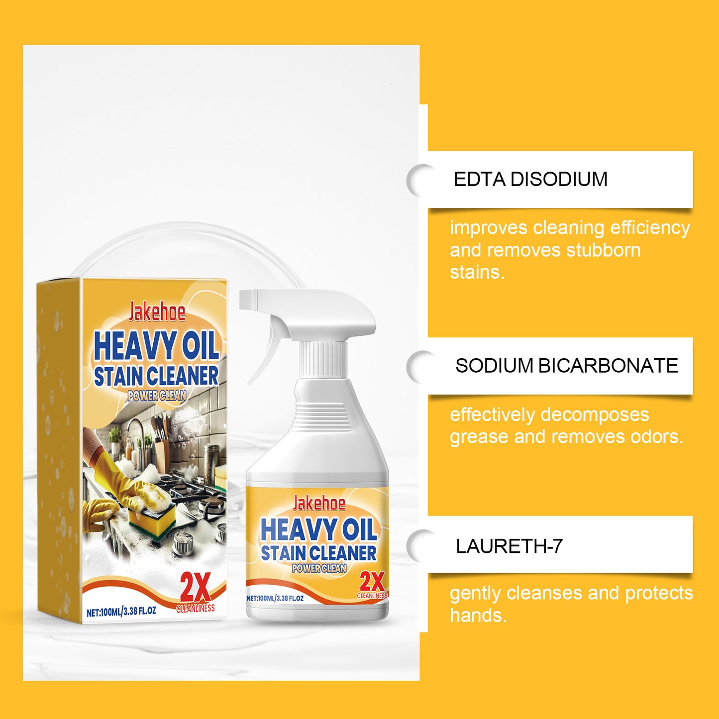 JAKEHOE Kitchen oil-dissolving care spray, heavy oil-stained range hood, stove, kitchen utensils, dissolving stains and cleaning agent