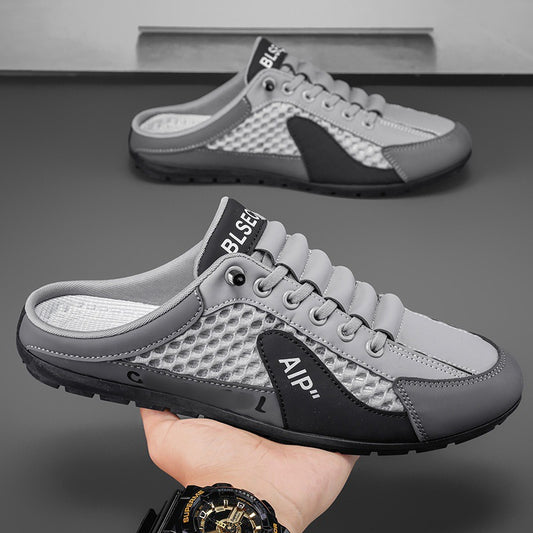 Hollow plus size shoes men's summer mesh half slippers men's one-leg outdoor lazy shoes breathable beanie men's shoes