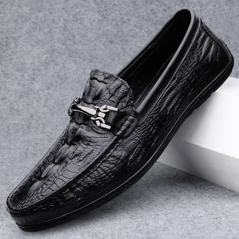 Men's flat casual shoes summer crocodile pattern slip-on loafers lightweight soft sole british leather shoes cross-border