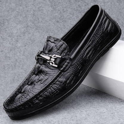 Men's flat casual shoes summer crocodile pattern slip-on loafers lightweight soft sole british leather shoes cross-border