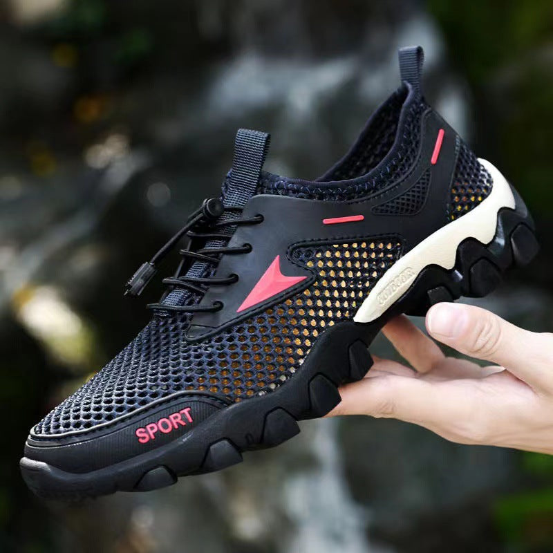 Mesh shoes for men 2025 soft bottom non-slip outdoor hiking shoes breathable elastic band one-legged hole shoes