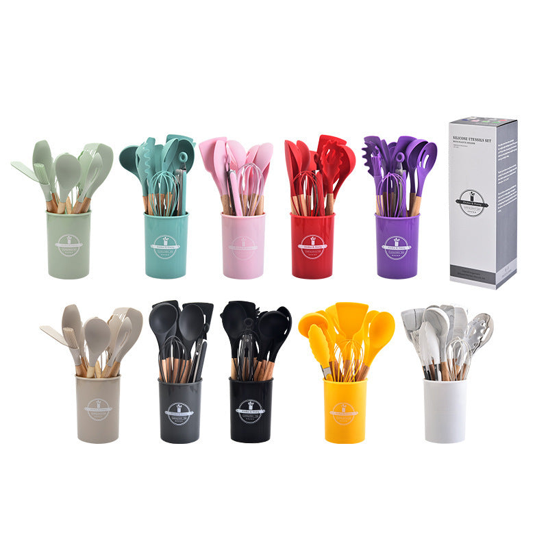 12-piece silicone cooking utensil set with wooden handles - non-stick pots, spatulas, spoons, and high-temperature resistant silicone kitchen tools