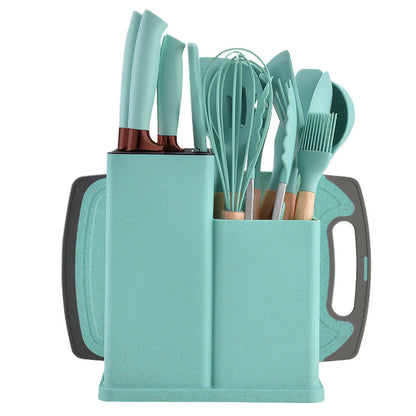 Silicone kitchenware 19-piece set, non-stick pan, silicone spatula, spoon, kitchen utensils, knife suit with storage bucket