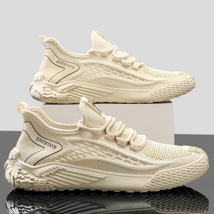 Soft-soled men's shoes, new for spring/summer 2025. flyknit mesh sneakers, breathable running and casual athletic shoes. lightweight knitted trendy footwear