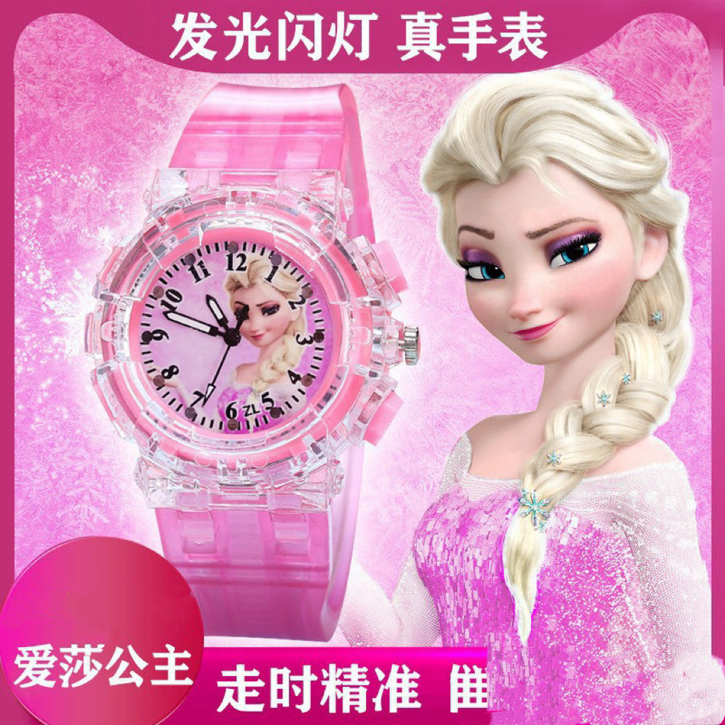 In-stock, kids' light-up watch featuring princess su and princess sha, with colorful flashing lights – the perfect gift for girls!