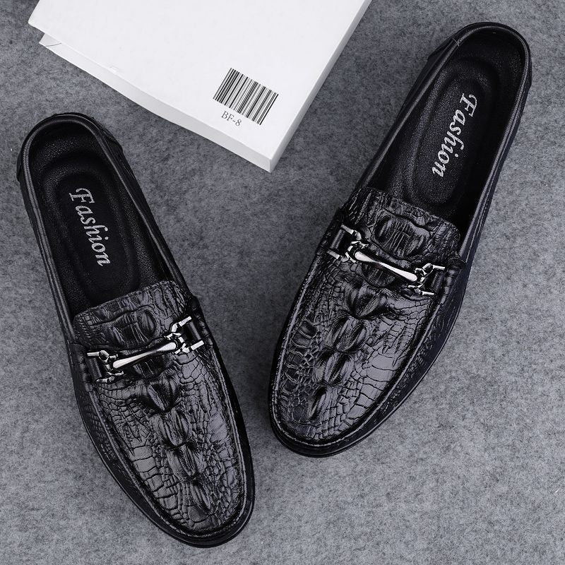 Men's flat casual shoes summer crocodile pattern slip-on loafers lightweight soft sole british leather shoes cross-border