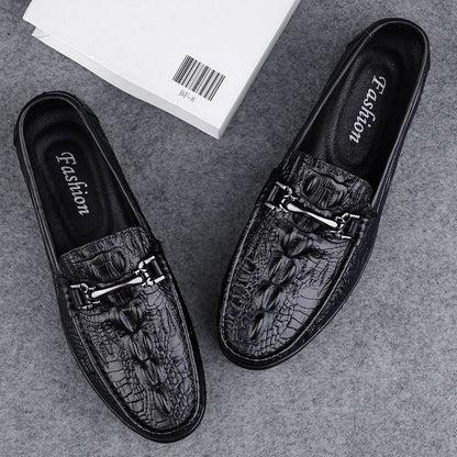 Men's flat casual shoes summer crocodile pattern slip-on loafers lightweight soft sole british leather shoes cross-border