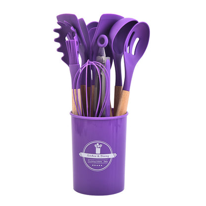 12-piece silicone cooking utensil set with wooden handles - non-stick pots, spatulas, spoons, and high-temperature resistant silicone kitchen tools