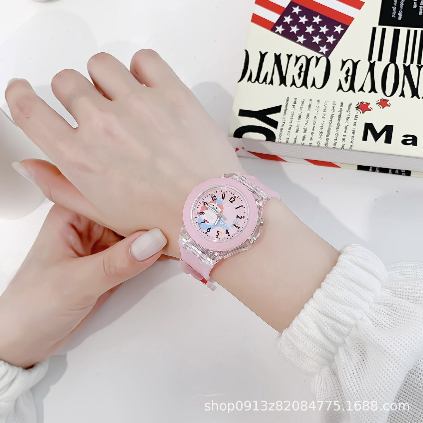 Wholesale new cartoon kids' watches for elementary school students - colorful flashing light, luminous watch with plush figure, silicone electronic watch