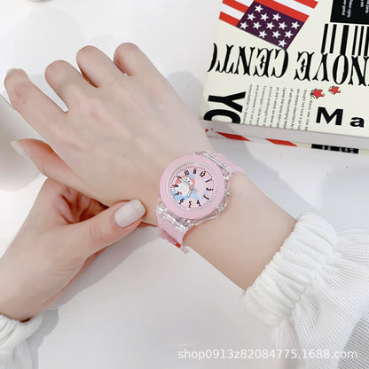 Wholesale new cartoon kids' watches for elementary school students - colorful flashing light, luminous watch with plush figure, silicone electronic watch