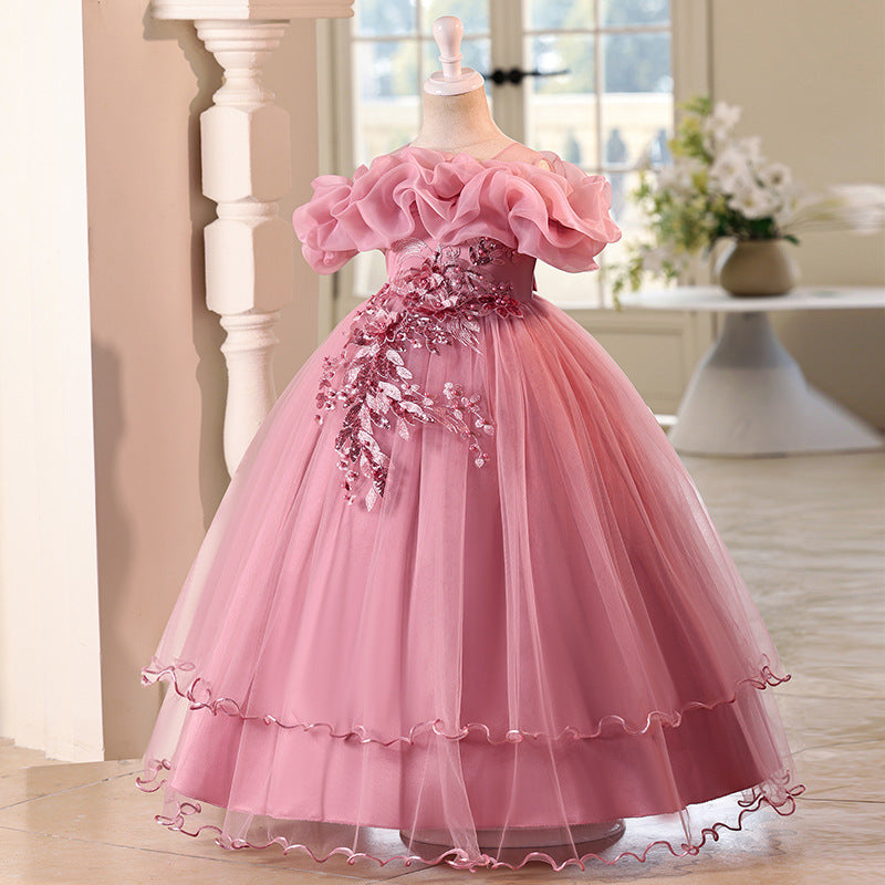 Children's one-shoulder tulle princess dress - perfect for weddings, banquets, piano recitals, and parties