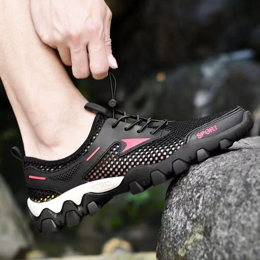 Mesh shoes for men 2025 soft bottom non-slip outdoor hiking shoes breathable elastic band one-legged hole shoes