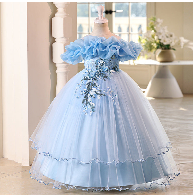Children's one-shoulder tulle princess dress - perfect for weddings, banquets, piano recitals, and parties