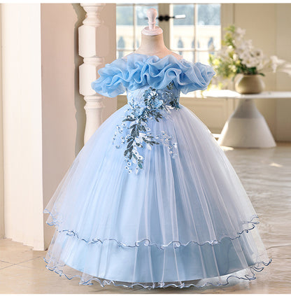 Children's one-shoulder tulle princess dress - perfect for weddings, banquets, piano recitals, and parties