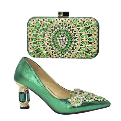 Diamond-encrusted thick-heeled sandals with dinner bag set Italian fashion design rhinestone evening bag set