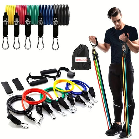 Cross-border exclusive 11-piece resistance band set, 150lb elastic rope fitness kit, indoor fitness multi-functional tensioner