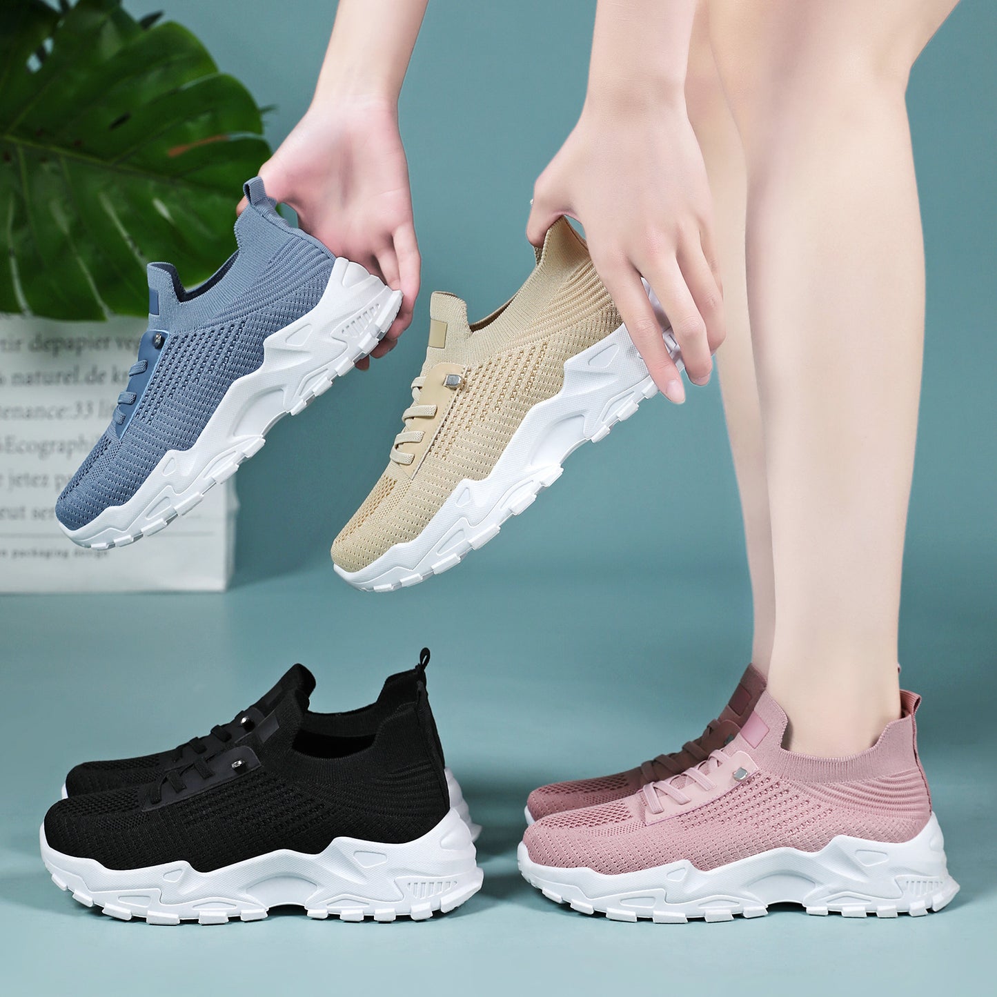Women's spring new arrivals: cross-border shoes, breathable sneakers, flyknit running shoes, soft sole comfort, thick sole shoes - wholesale