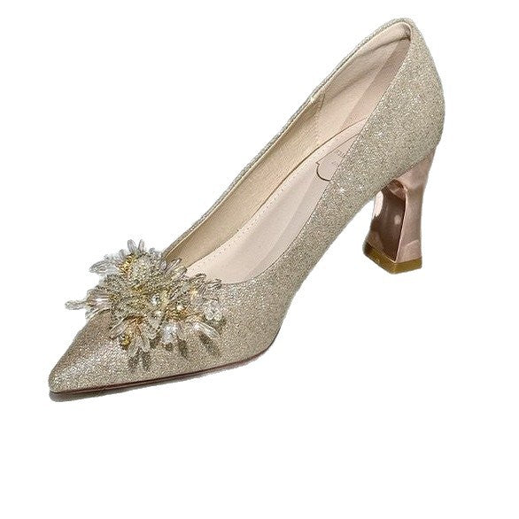 New pointed thick heel wedding shoes women's design sense autumn and winter new show clothes wedding ceremony bridesmaid shoes women's single shoes tide