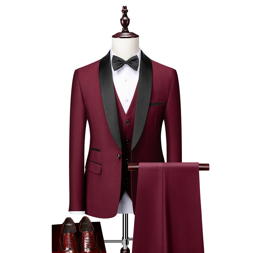 Suit Men's Suit Three-piece Set Green Fruit Collar Groom's Wedding Suit Men's Slim Burgundy Best Man's Wedding Dress