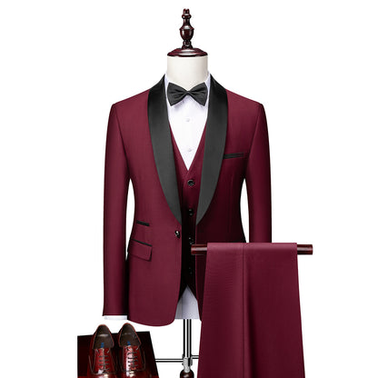 Suit Men's Suit Three-piece Set Green Fruit Collar Groom's Wedding Suit Men's Slim Burgundy Best Man's Wedding Dress