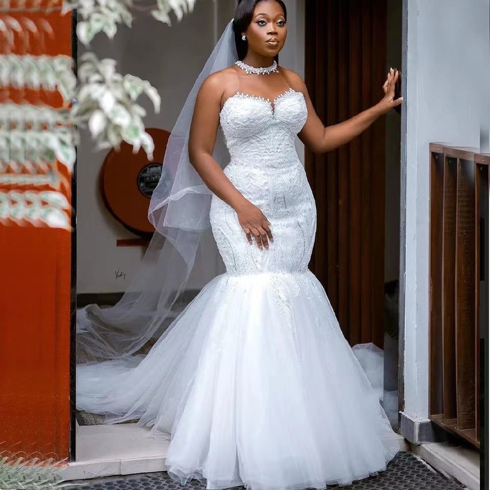 Exportfashion美人鱼wedding dress skin color net beads long skirt mermaid gauze skirt tail bridal wedding dress silm dress