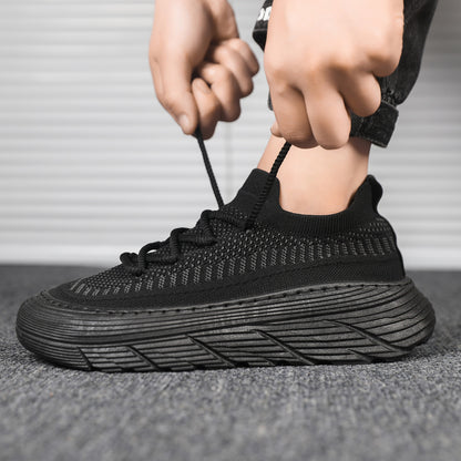 Men's summer breathable mesh flyknit sneakers fashion thick sole height increasing casual shoes low-top closed-toe sock shoes trendy footwear