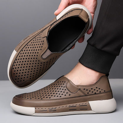 Men's Summer New Style Slip-on Openwork Sneakers, High-Quality Casual Leather Shoes with Soft Sole and Breathable Texture
