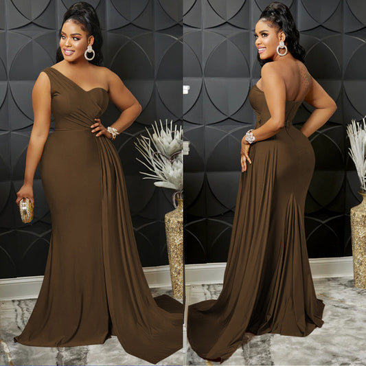 2026 new fashionable and elegant solid color party tight single rotator sleeve temperament dress long dress