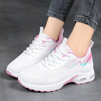 Women's new air cushion sneakers, cross-border thick-soled running shoes, plus size breathable flats, flyknit mesh shoes for women