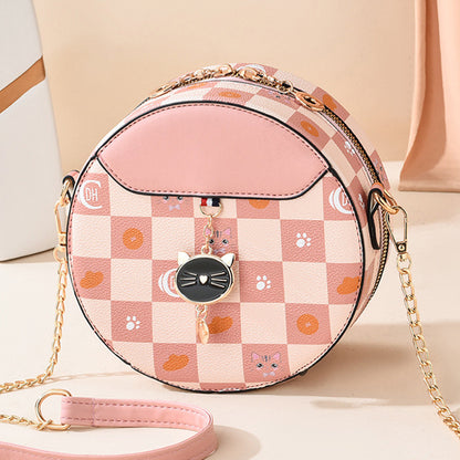2026 new trendy fashion shoulder chain commuter small round bag printed plaid tiktok influencer girl's small round bag