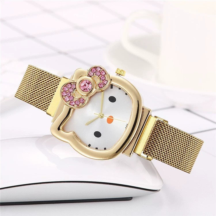 Kidscutehellokt pink diamond milan with watch fashion female kitty cat magnet bracelet quartz watch
