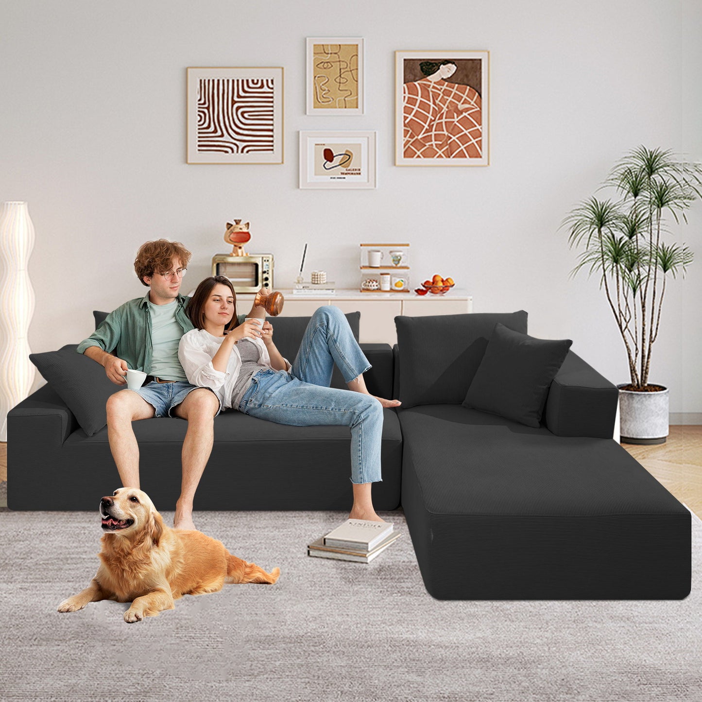 [cross-border] l-shaped compression sofa high rebound installation-free living room bedroom multi-functional modular sofa corduroy