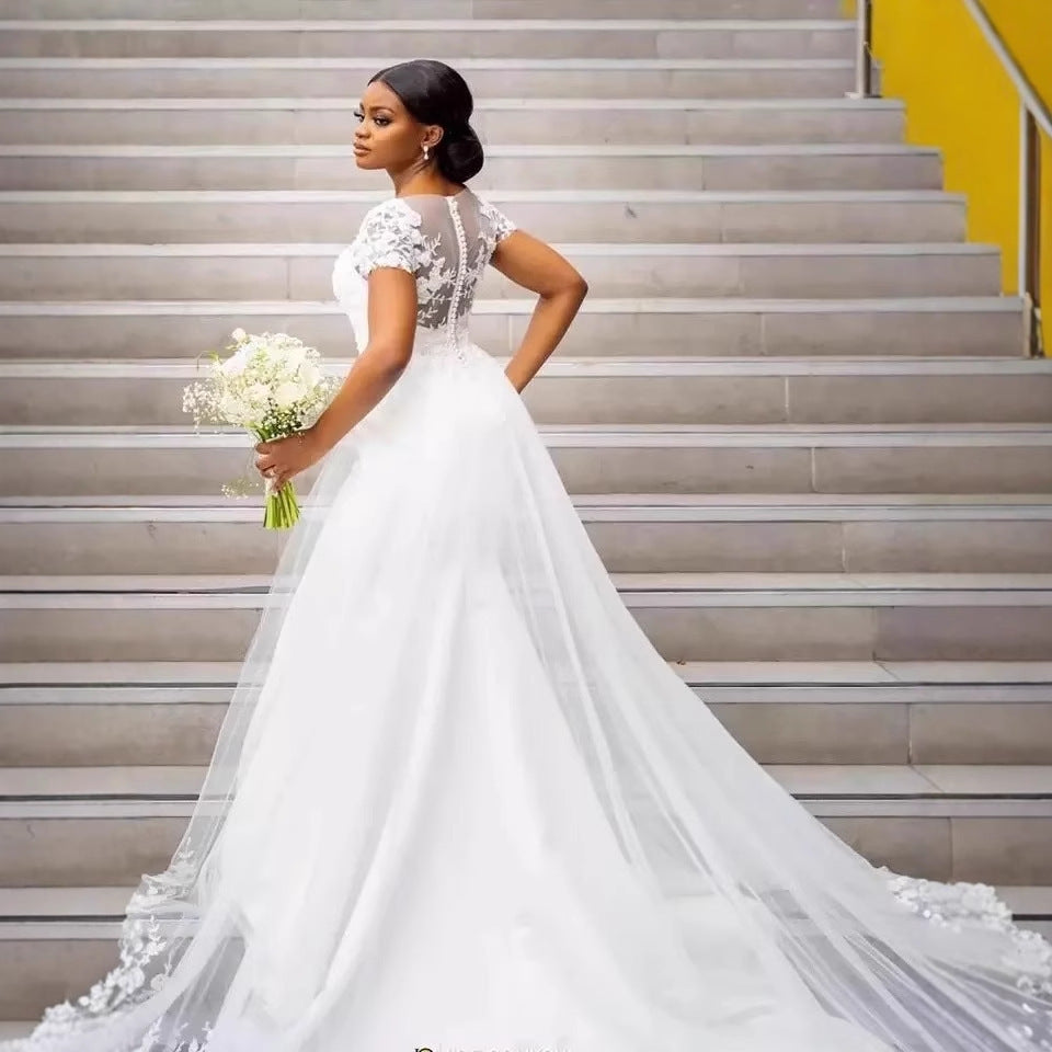 European and american train wedding dress bridal wedding mermaid waist wedding dress high-end outdoor church wedding dress