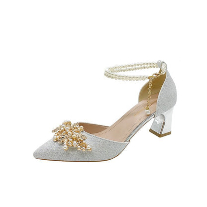 2026 autumn new sequined wedding shoes women's thin heels shallow mouth hollow single shoes pearl buckle high heels banquet