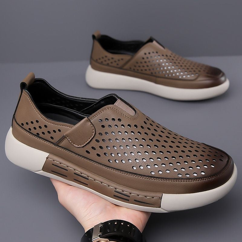 Men's Summer New Style Slip-on Openwork Sneakers, High-Quality Casual Leather Shoes with Soft Sole and Breathable Texture