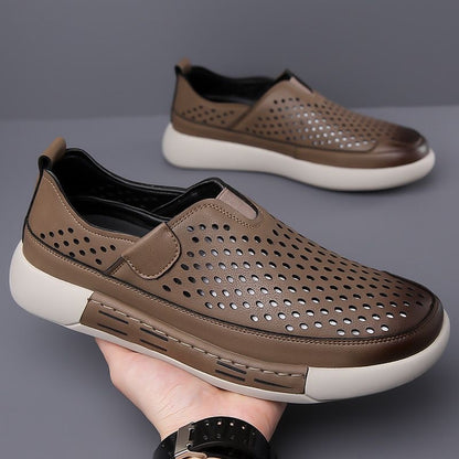 Men's Summer New Style Slip-on Openwork Sneakers, High-Quality Casual Leather Shoes with Soft Sole and Breathable Texture