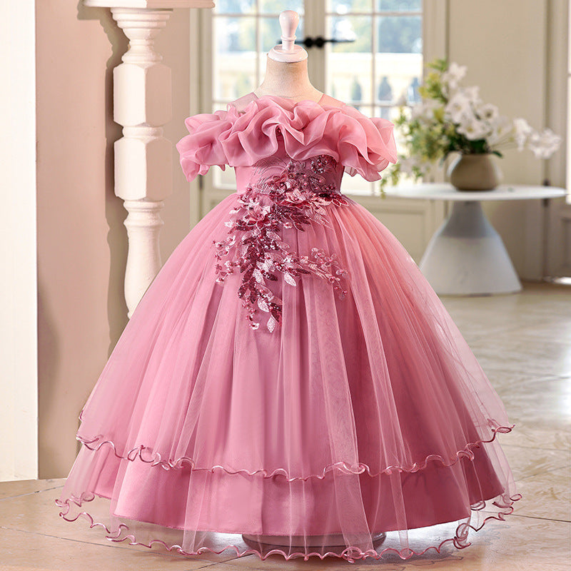 Children's one-shoulder tulle princess dress - perfect for weddings, banquets, piano recitals, and parties