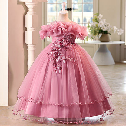 Children's one-shoulder tulle princess dress - perfect for weddings, banquets, piano recitals, and parties