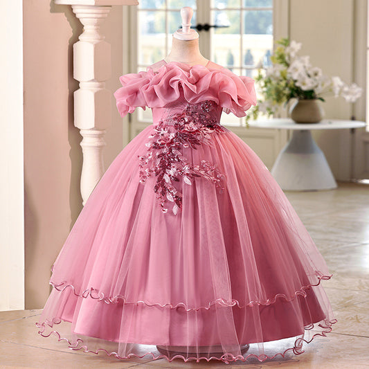 Children's one-shoulder tulle princess dress - perfect for weddings, banquets, piano recitals, and parties