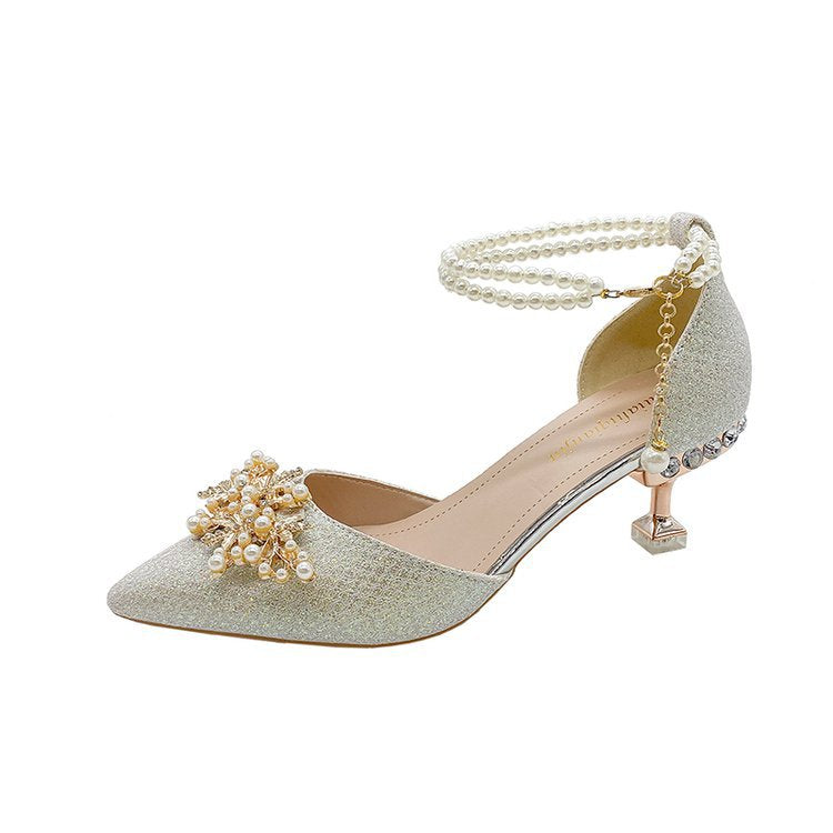 2026 autumn new sequined wedding shoes women's thin heels shallow mouth hollow single shoes pearl buckle high heels banquet