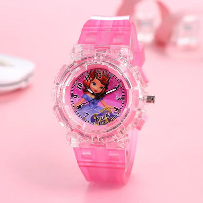 In-stock, kids' light-up watch featuring princess su and princess sha, with colorful flashing lights – the perfect gift for girls!