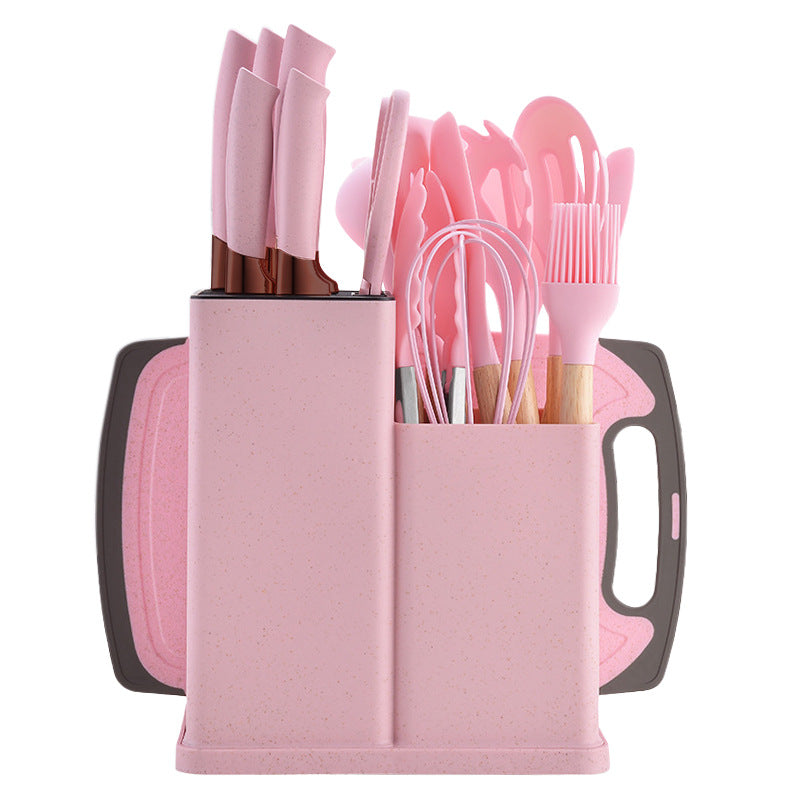 Silicone kitchenware 19-piece set, non-stick pan, silicone spatula, spoon, kitchen utensils, knife suit with storage bucket