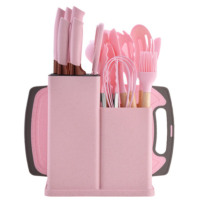 Silicone kitchenware 19-piece set, non-stick pan, silicone spatula, spoon, kitchen utensils, knife suit with storage bucket