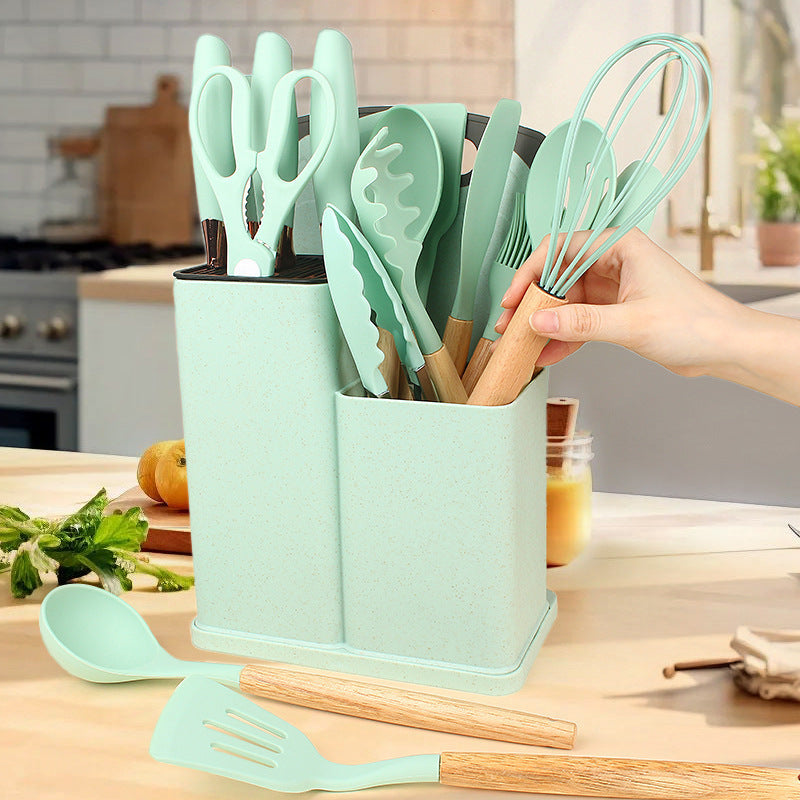 Silicone kitchenware 19-piece set, non-stick pan, silicone spatula, spoon, kitchen utensils, knife suit with storage bucket