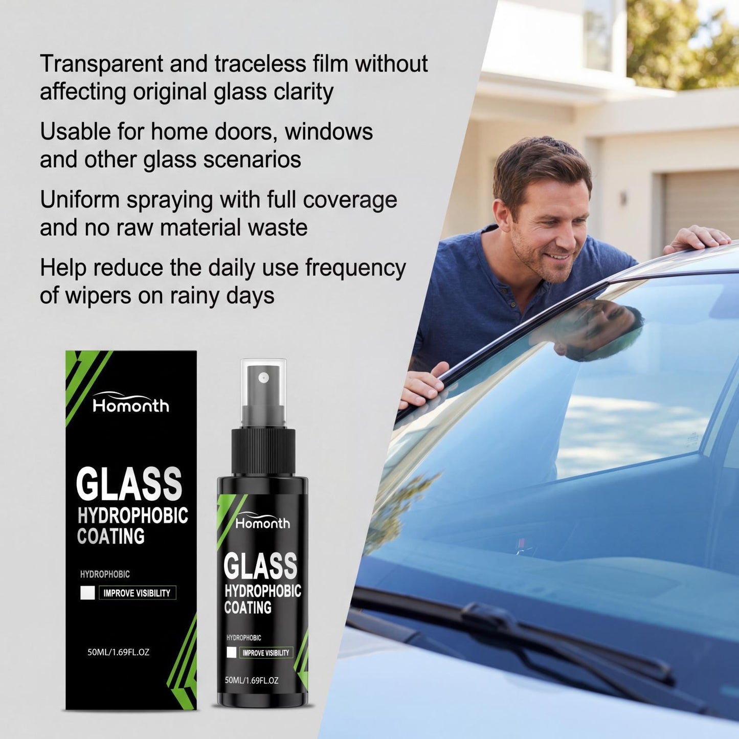 HOMONTH glass hydrophobic coating, automotive glass cleaning care hydrophobic water flooding anti-fouling clear vision