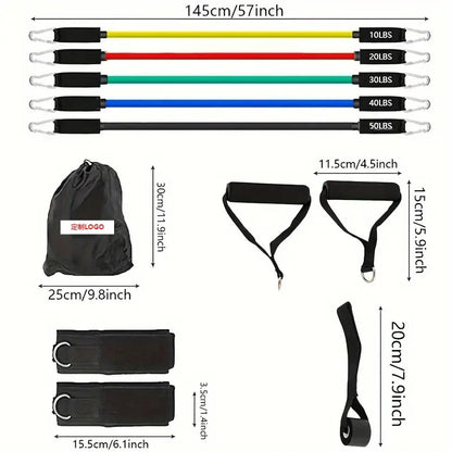 Cross-border exclusive 11-piece resistance band set, 150lb elastic rope fitness kit, indoor fitness multi-functional tensioner