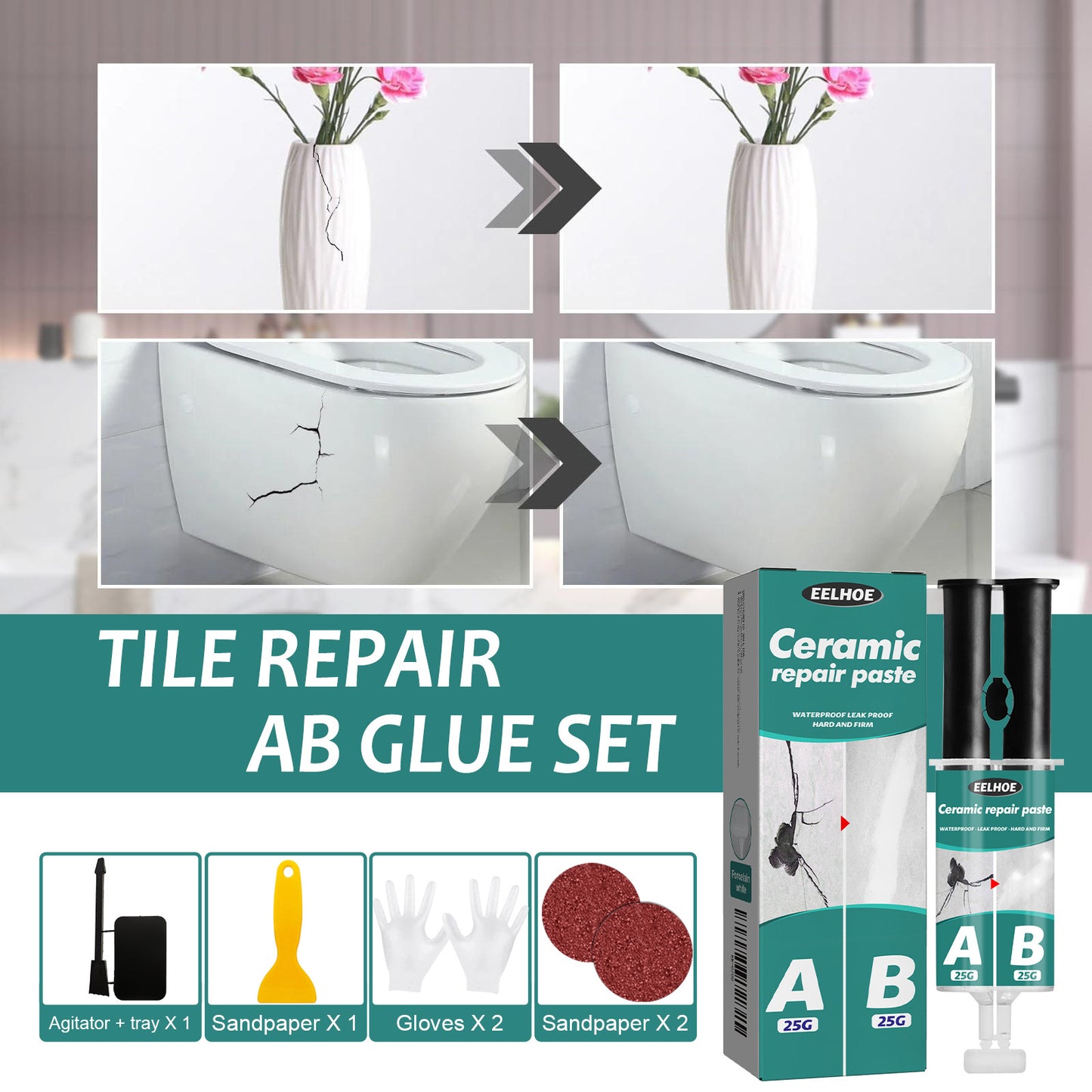 EELHOE tile repair AB glue set, metal tiles fill cracks, plug leaks, repair AB glue adhesive
