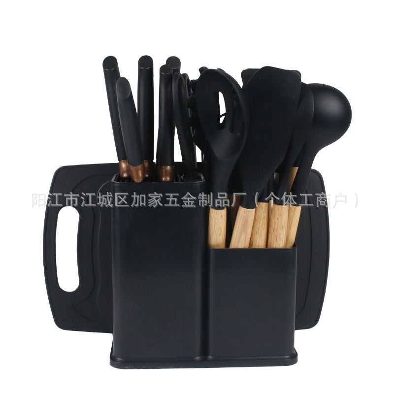 Silicone kitchenware 19-piece set, non-stick pan, silicone spatula, spoon, kitchen utensils, knife suit with storage bucket